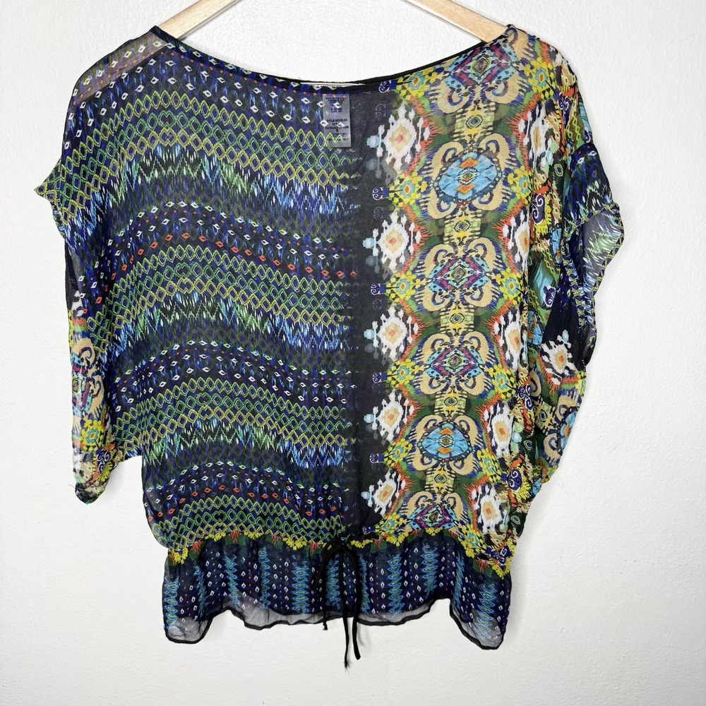 Language Sheer Short Sleeve Silk Colorful Waist Tie Top Boho Artsy Women's Small